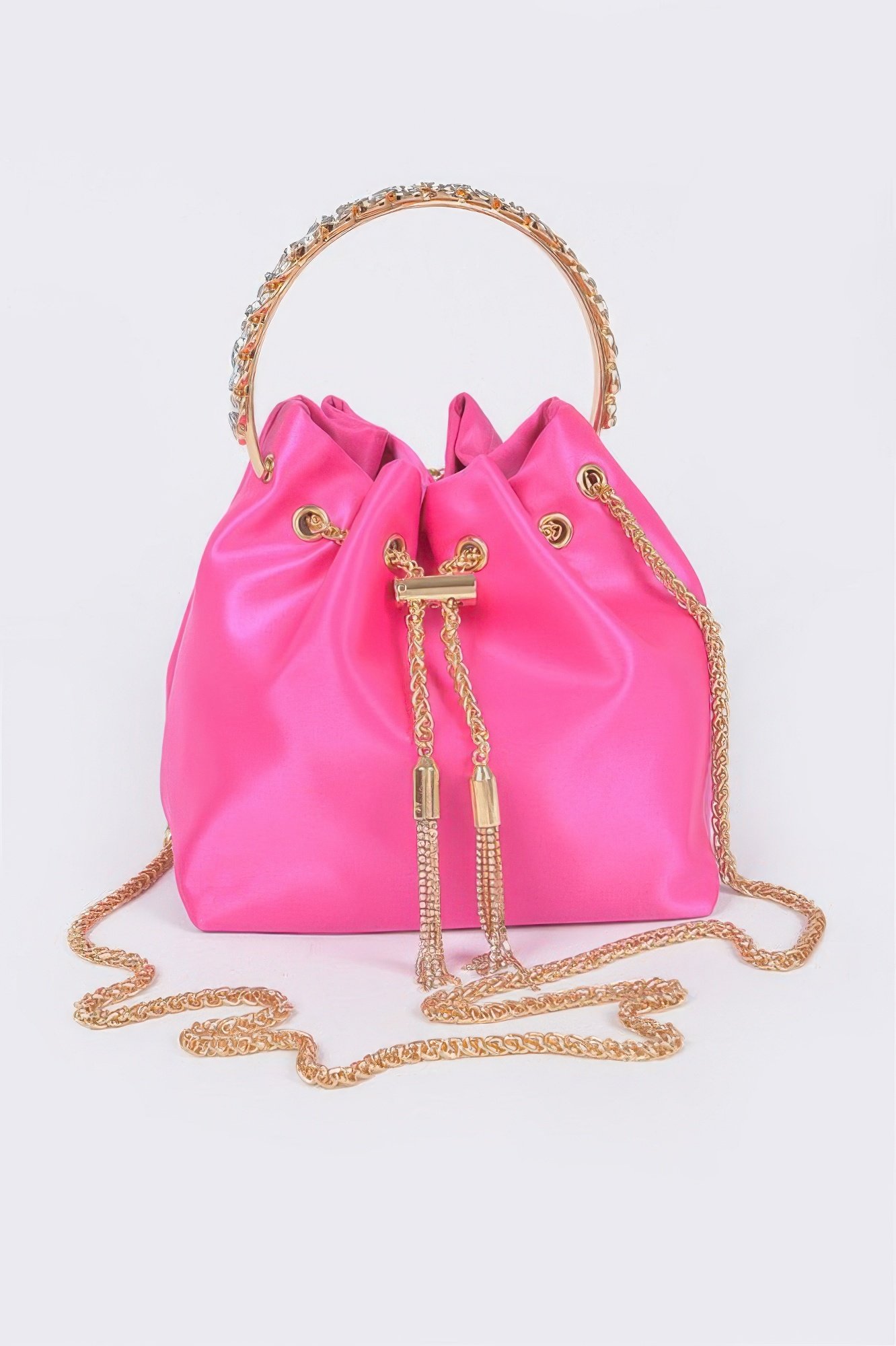 rhinestone top handle satin bucket bag