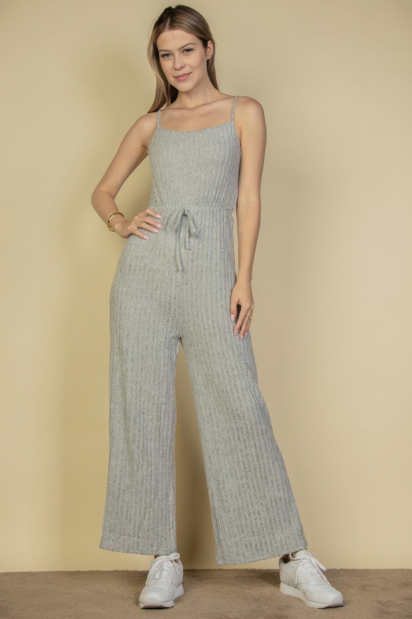 sweater knit fuzzy frenchy tie front cami jumpsuit