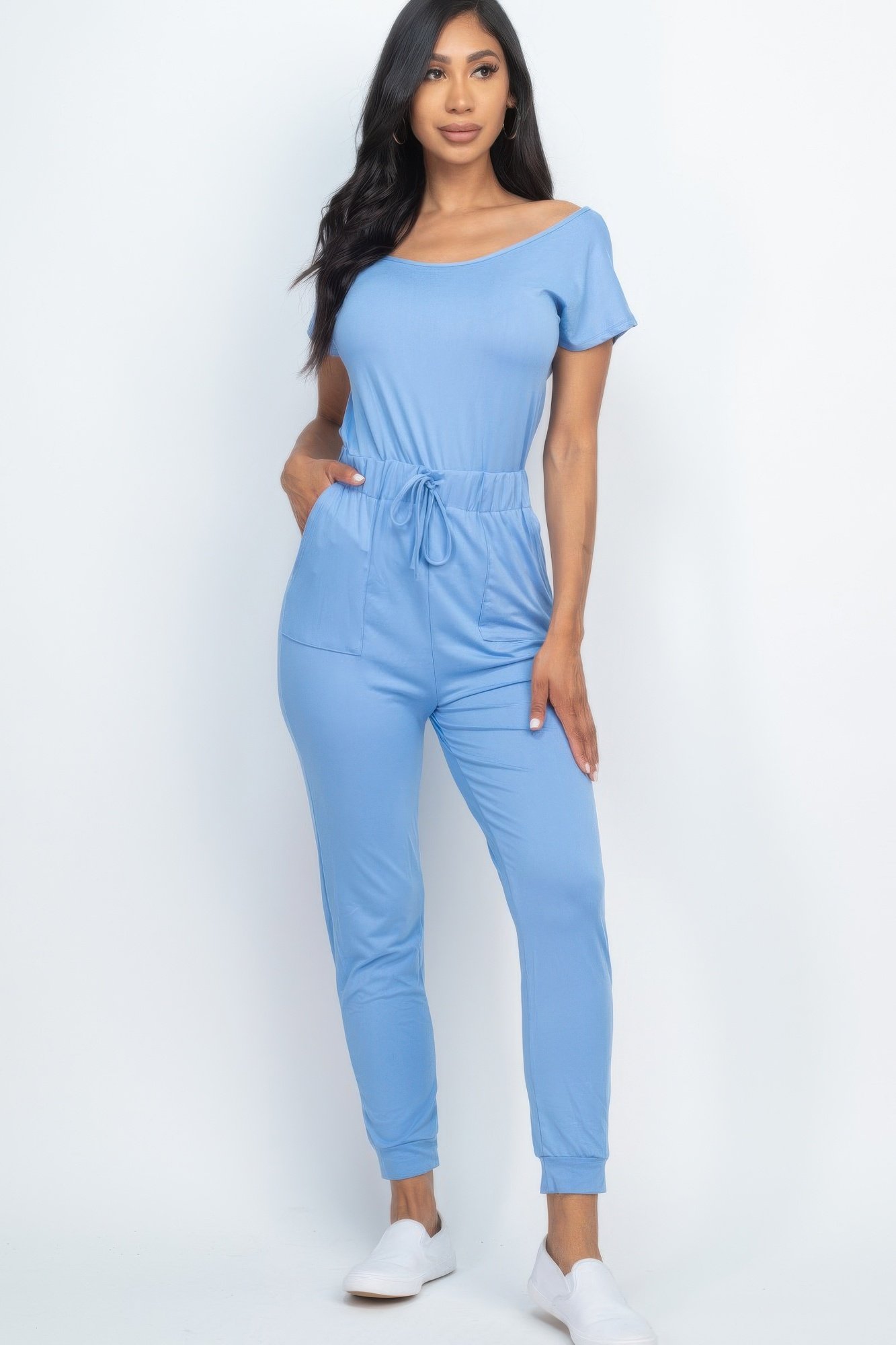 two way shoulder drawstring jumpsuit