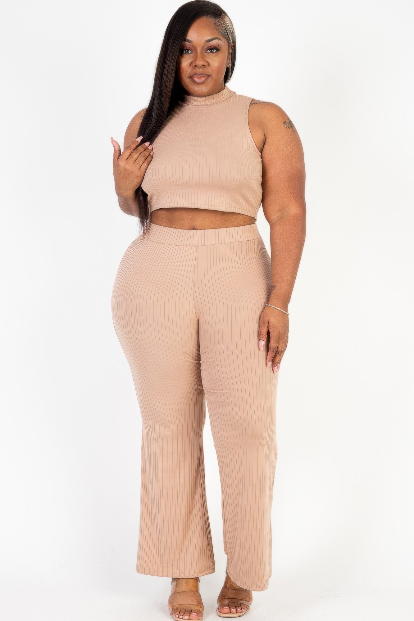 plus size ribbed mock neck crop tank top& bootcut pants set