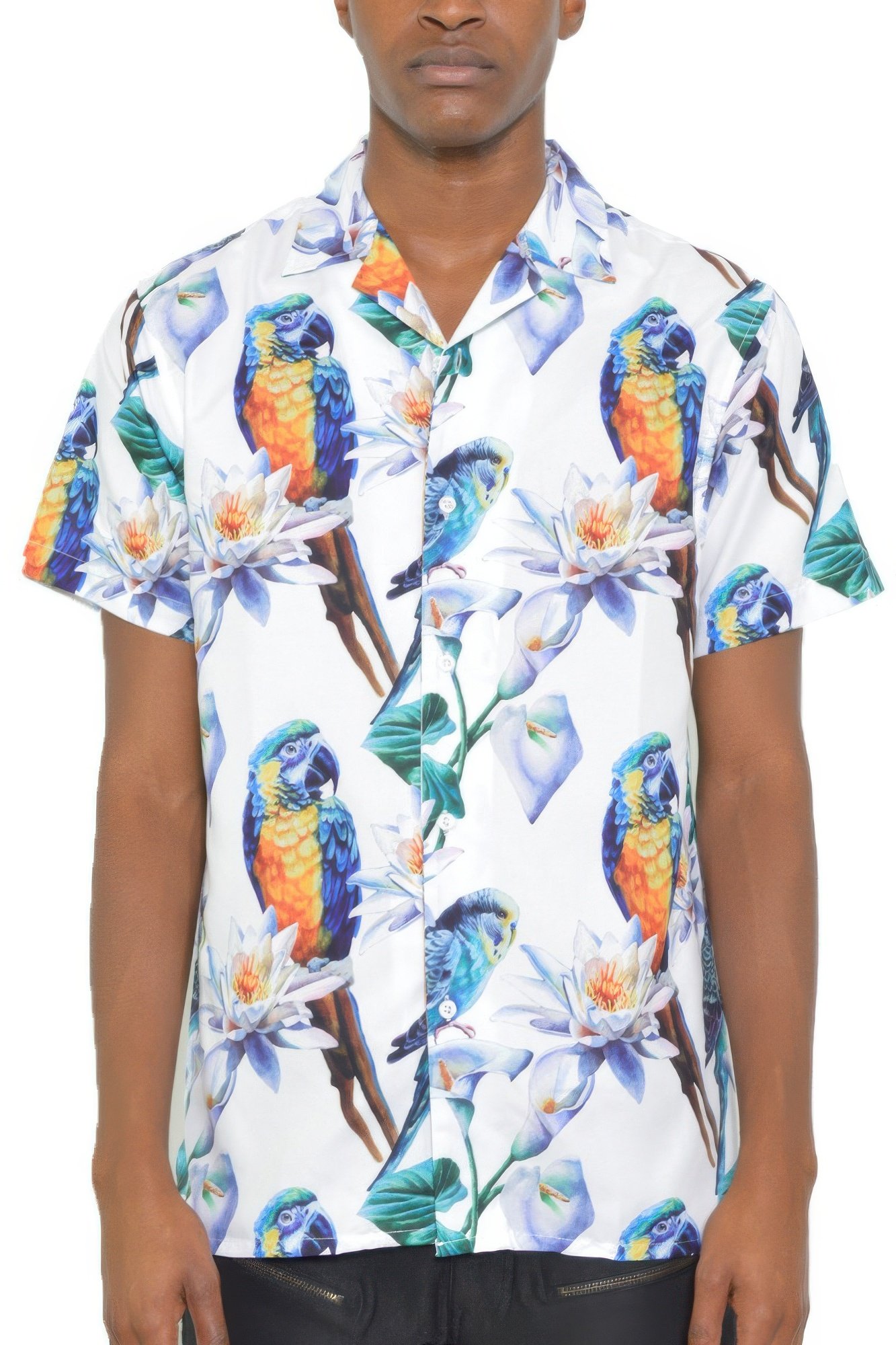 mens tucan parrot print resort button down shirt