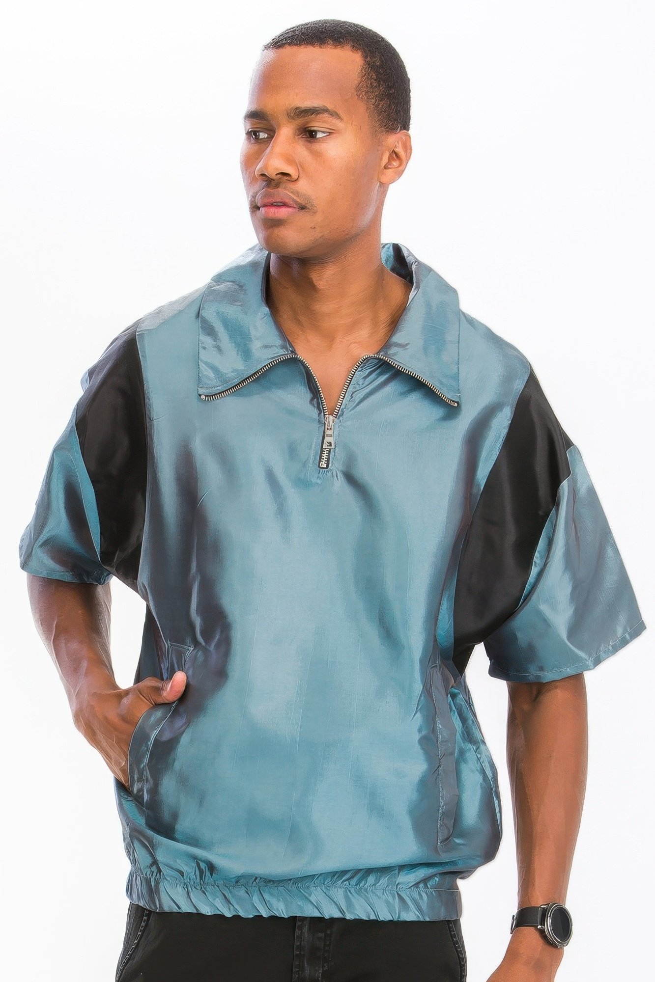 iridescent peacock fabric short sleeve pullover