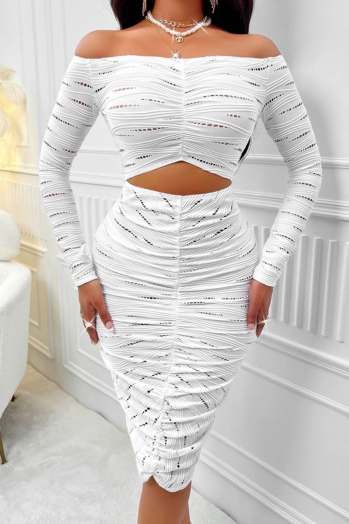 solid straight shoulder cutout midi dress