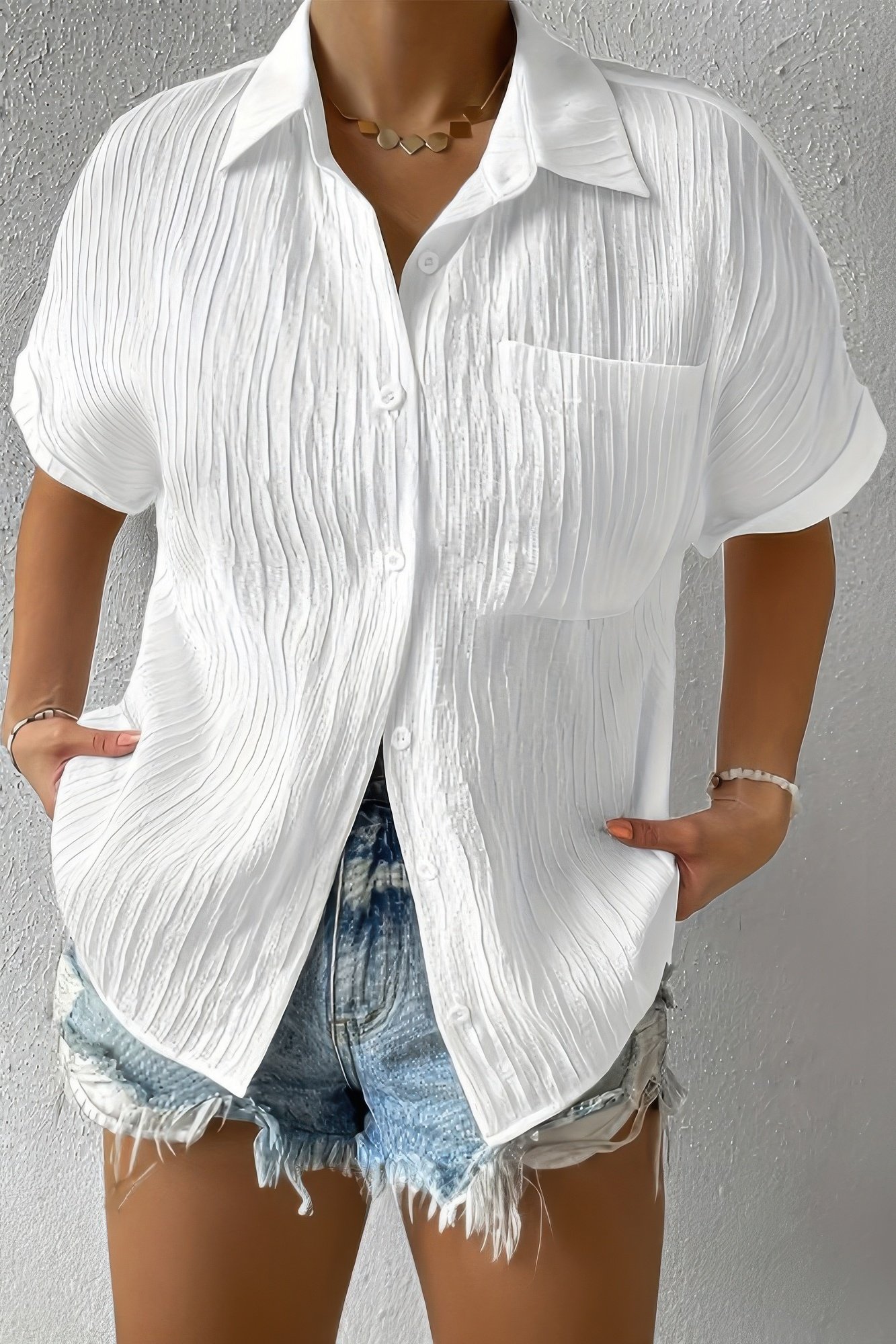 button down lapel pockets loose solid shirt