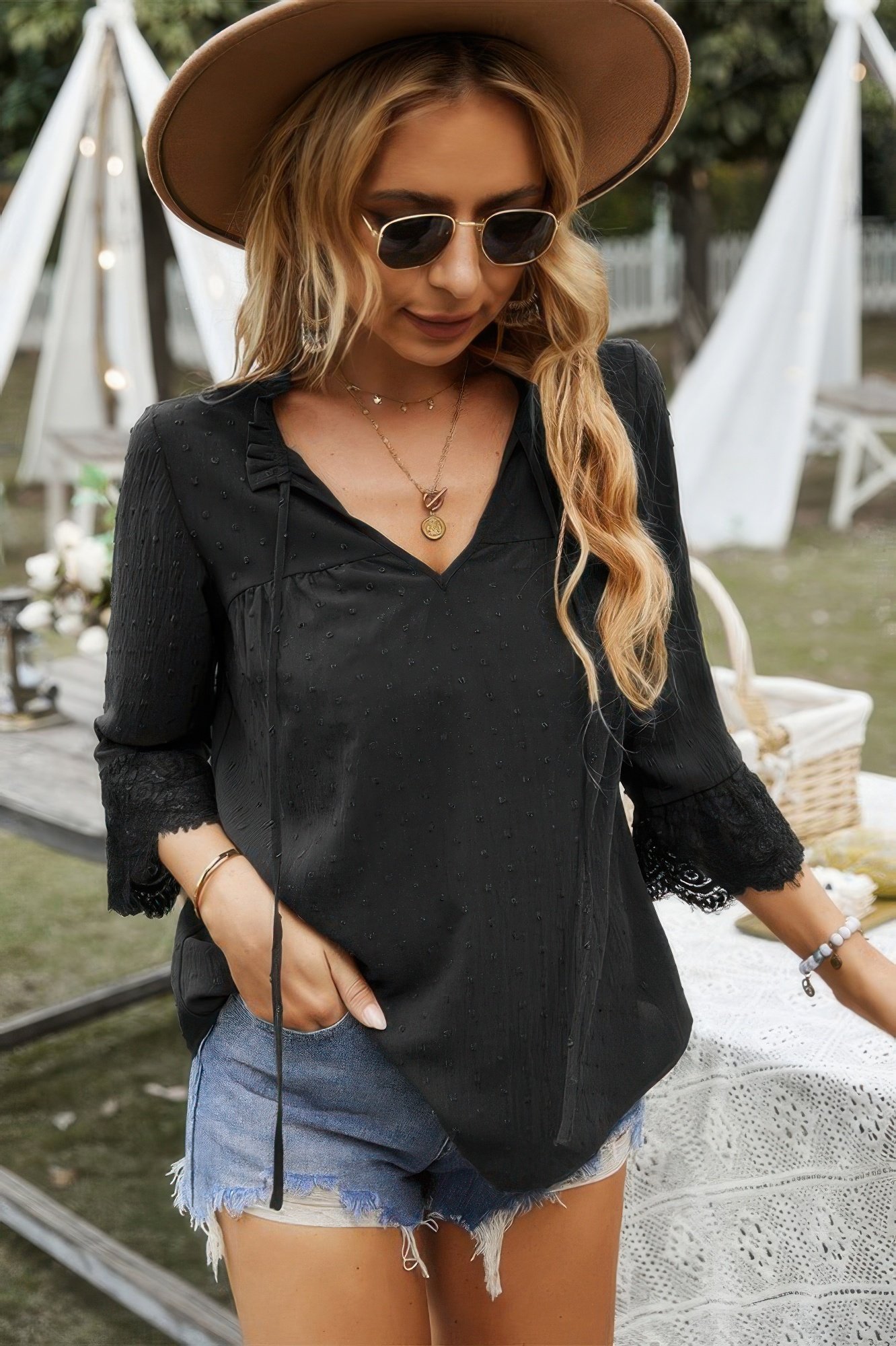 swiss dot lace splicing sleeve v neck blouse