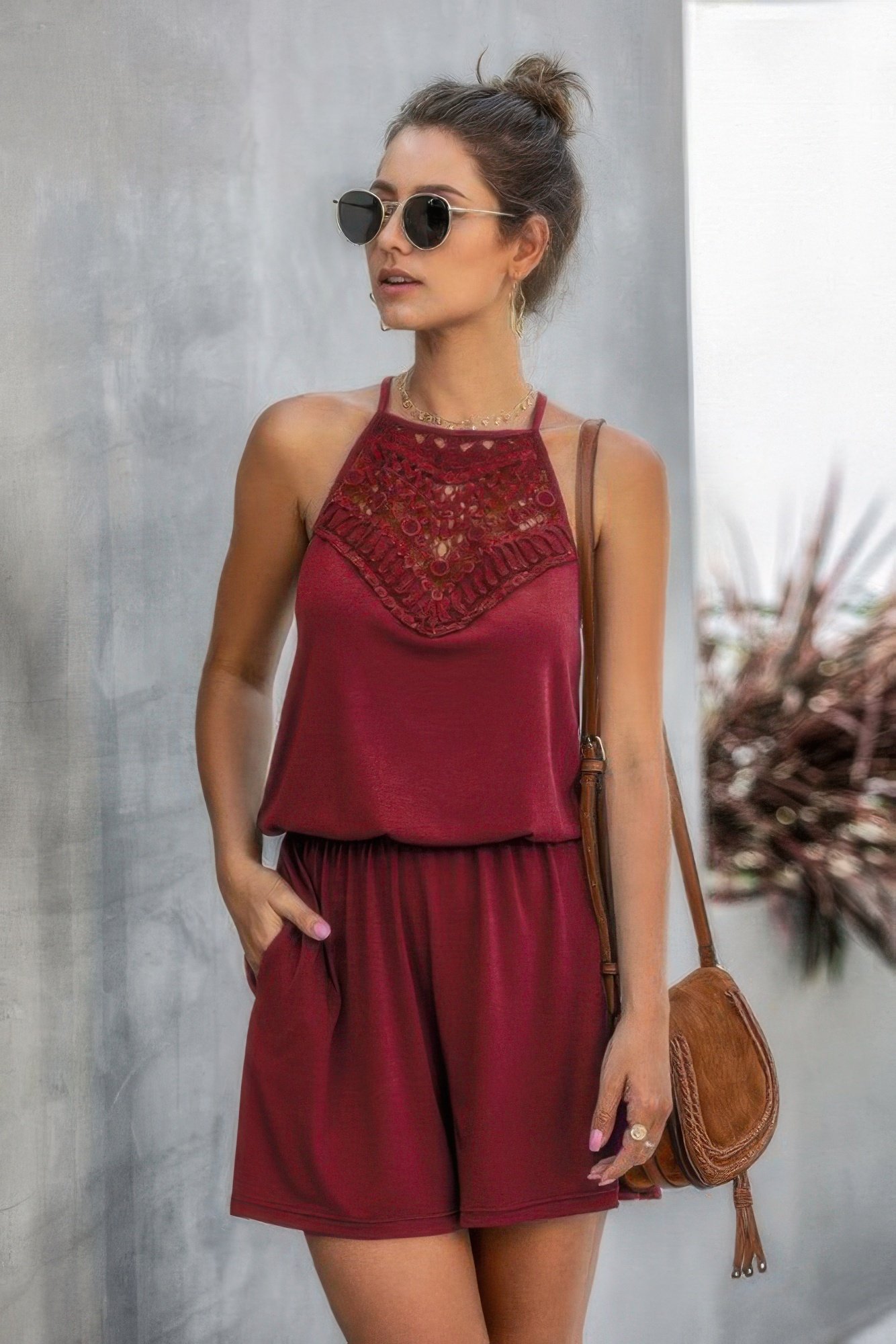 solid halter lace sleeveless patchwork romper
