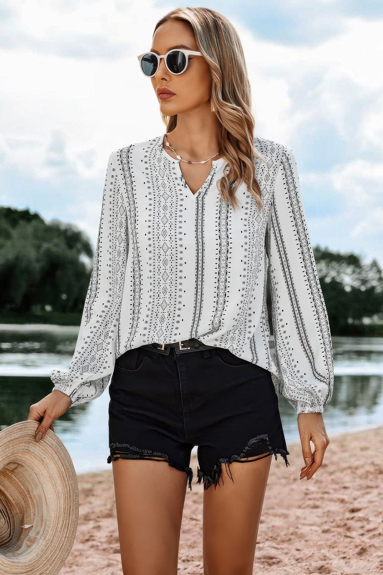 striped v neck vertical stripe loose blouse