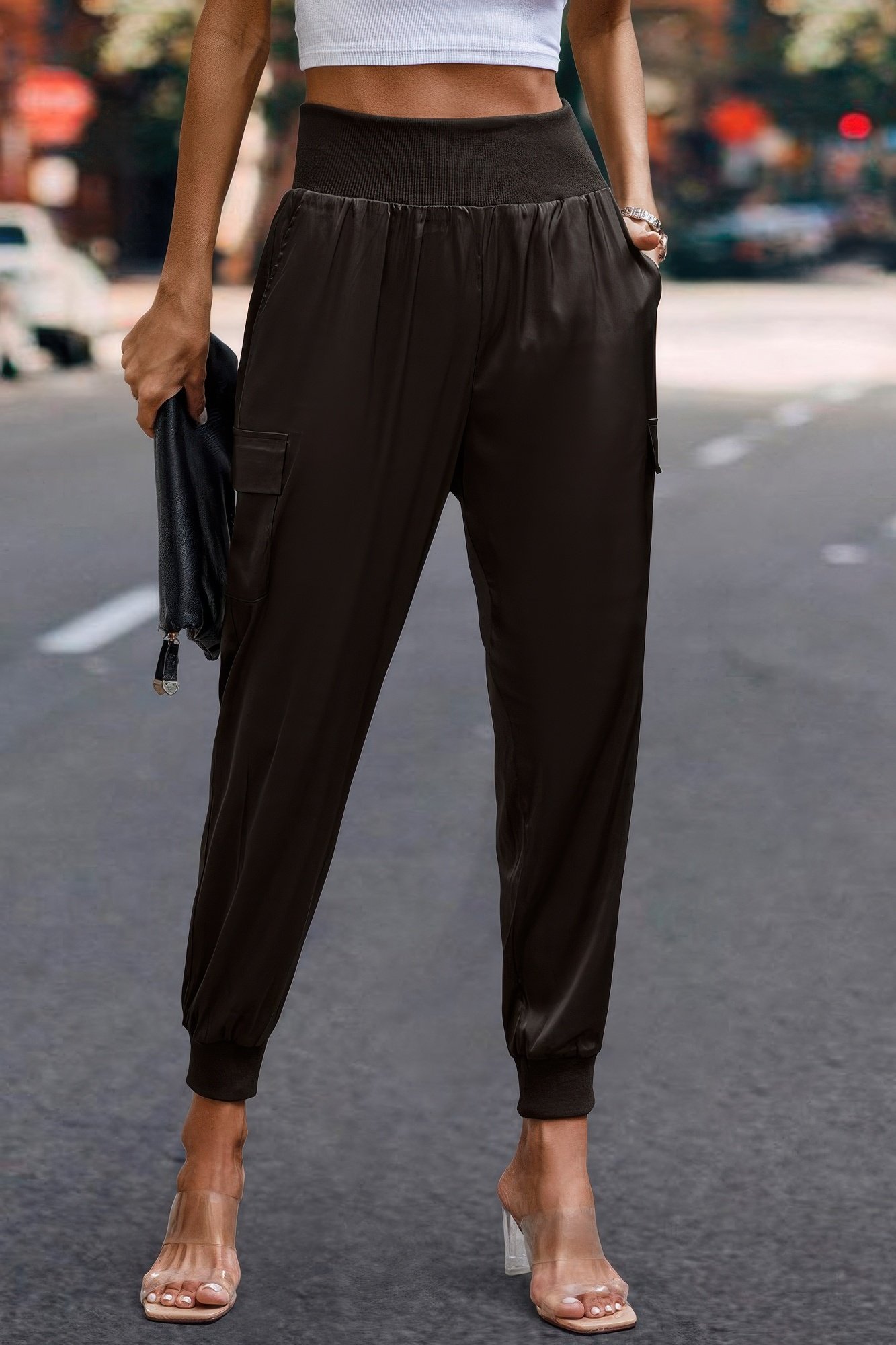 high waist trousers pocket satin jogger pants