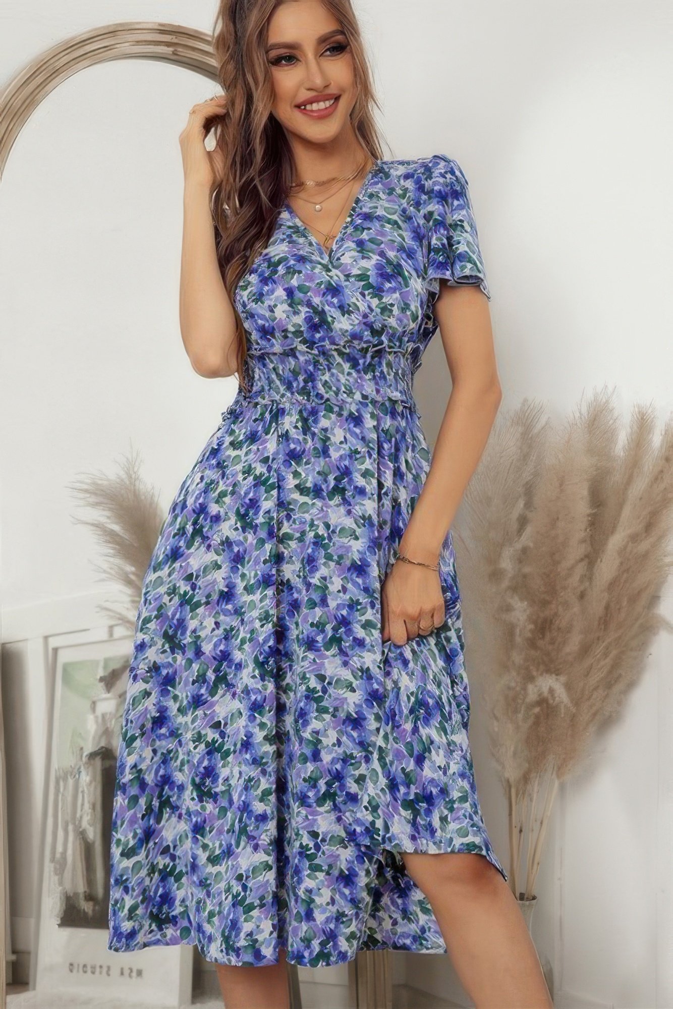 bohemian floral v neck high waist midi dress