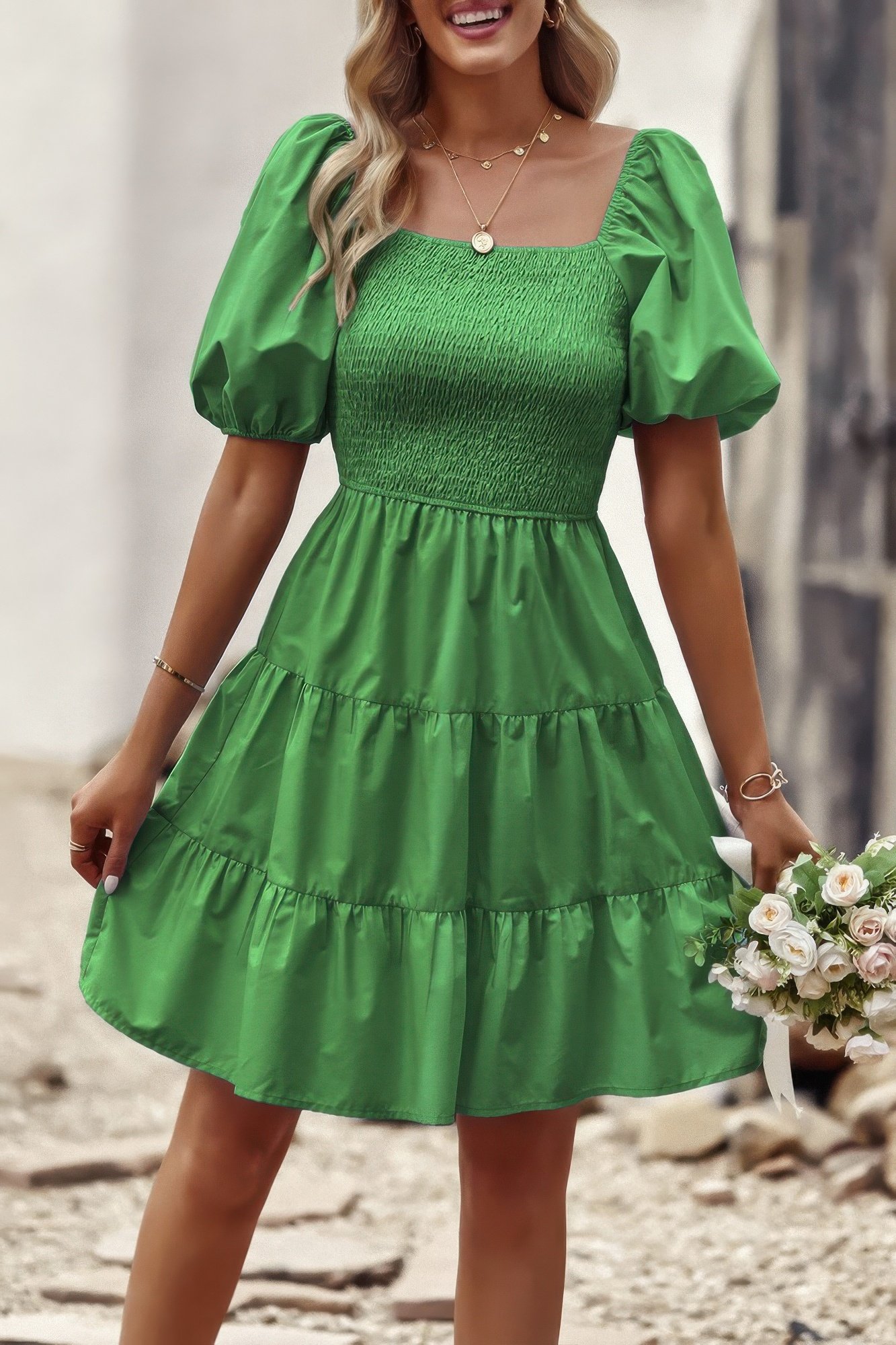 square neck ruched balloon sleeve smocked midi dress