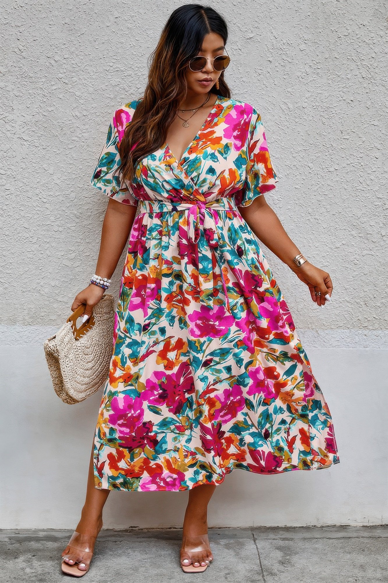 plus size floral print cross belt fit dress