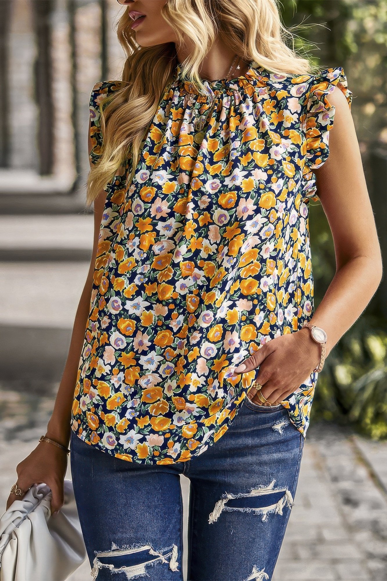 boho floral sleeveless loose fit collar top