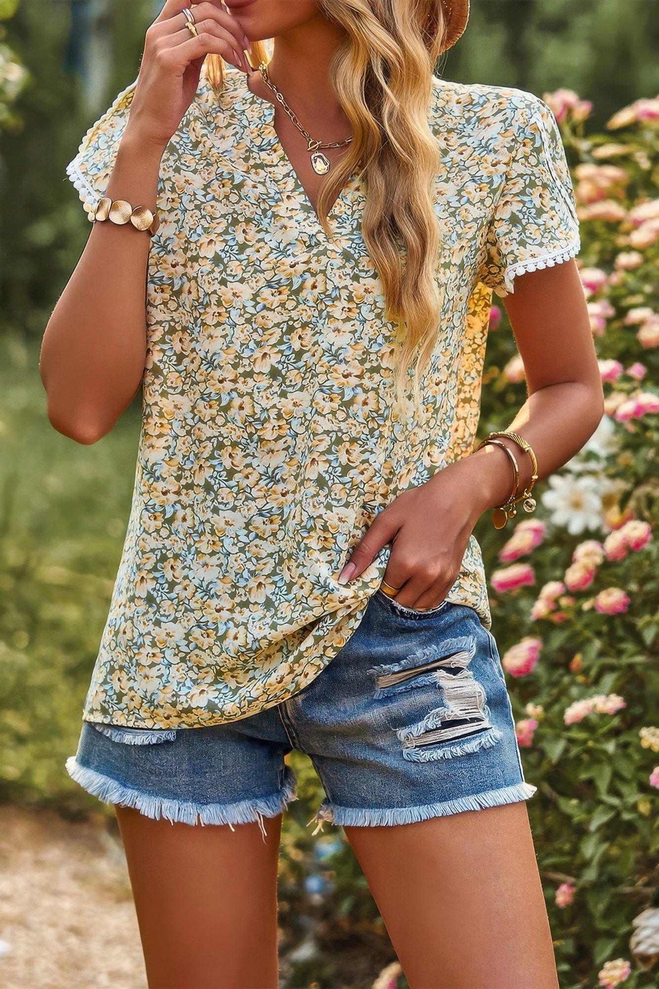 crewneck lace crochet short sleeve loose blouse