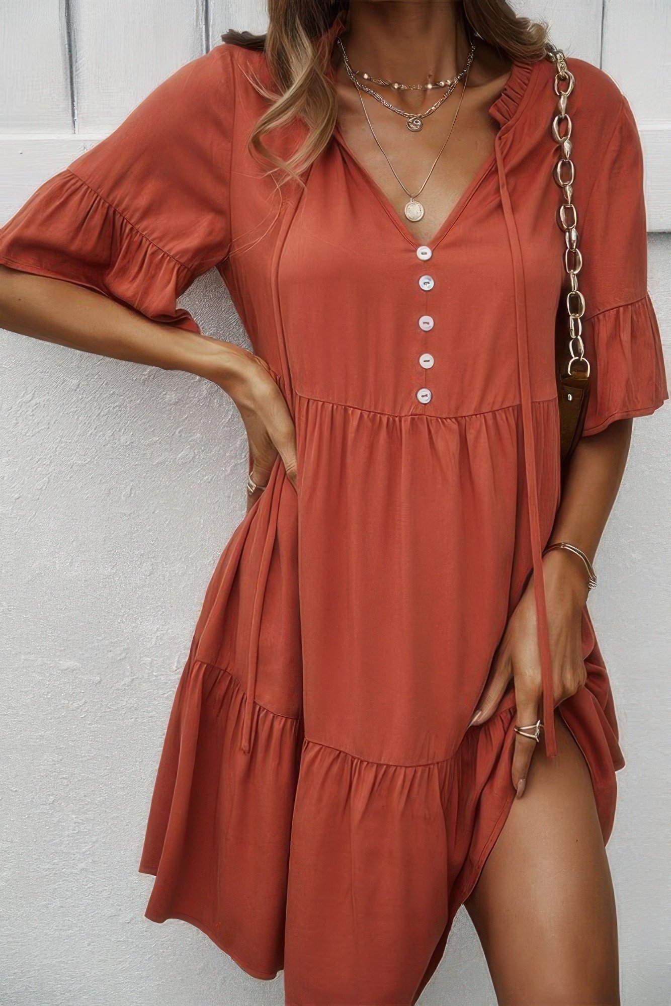 v neck flounce sleeve ruffle hem tie neck dress