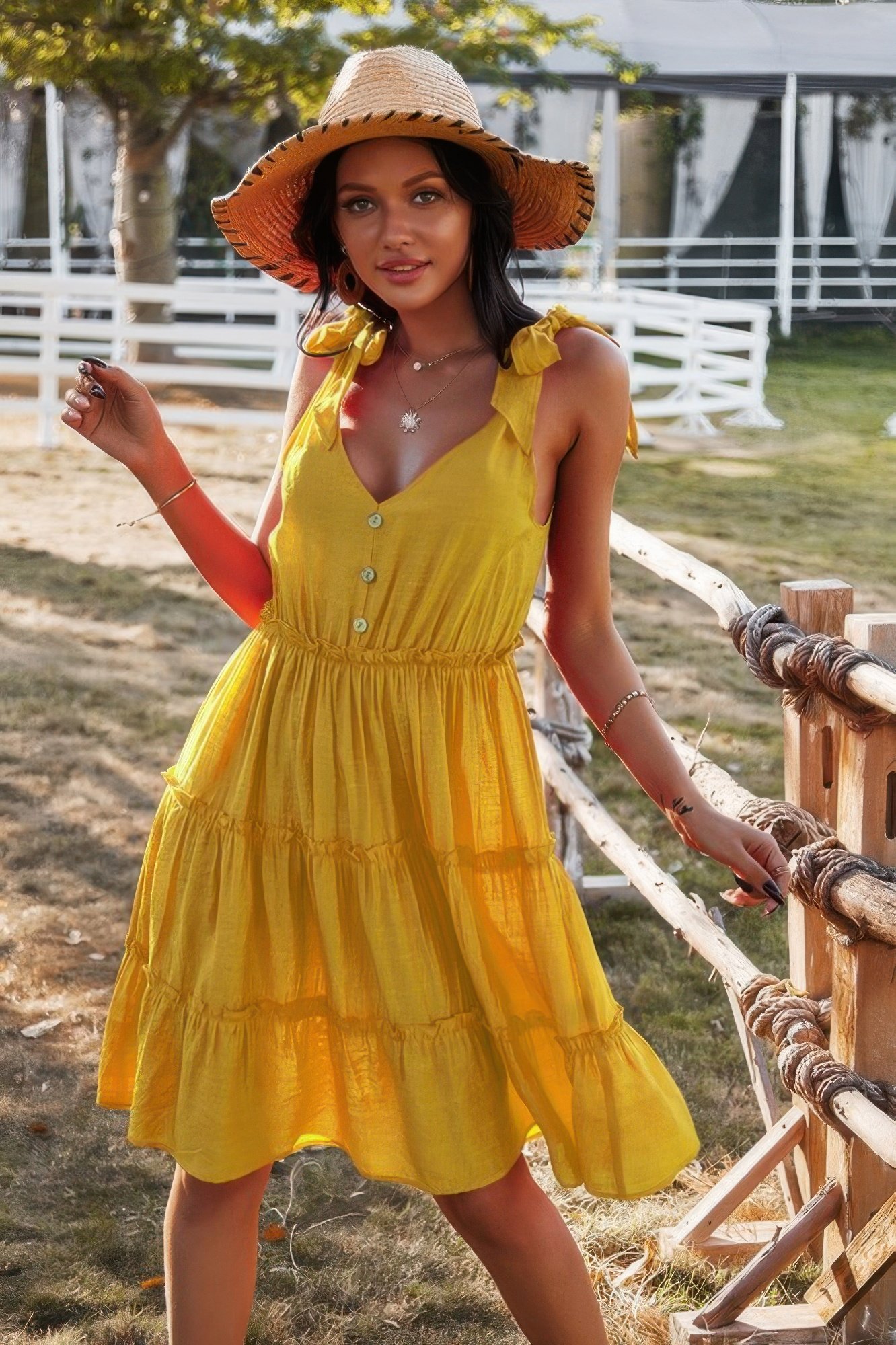 sleeveless button ruffle dress swing pleated dress