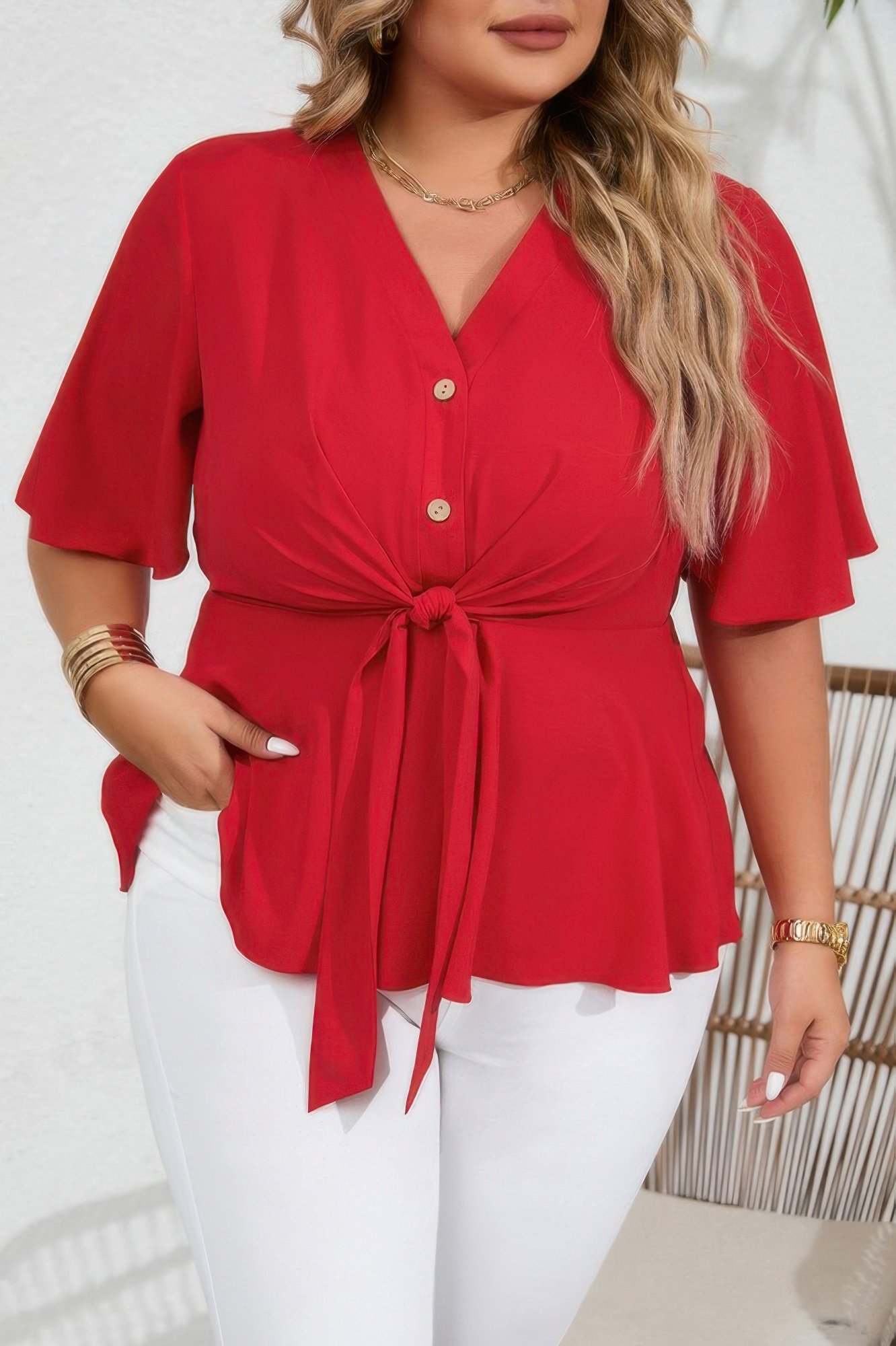 plus solid butterfly sleeve knot front peplum shirt