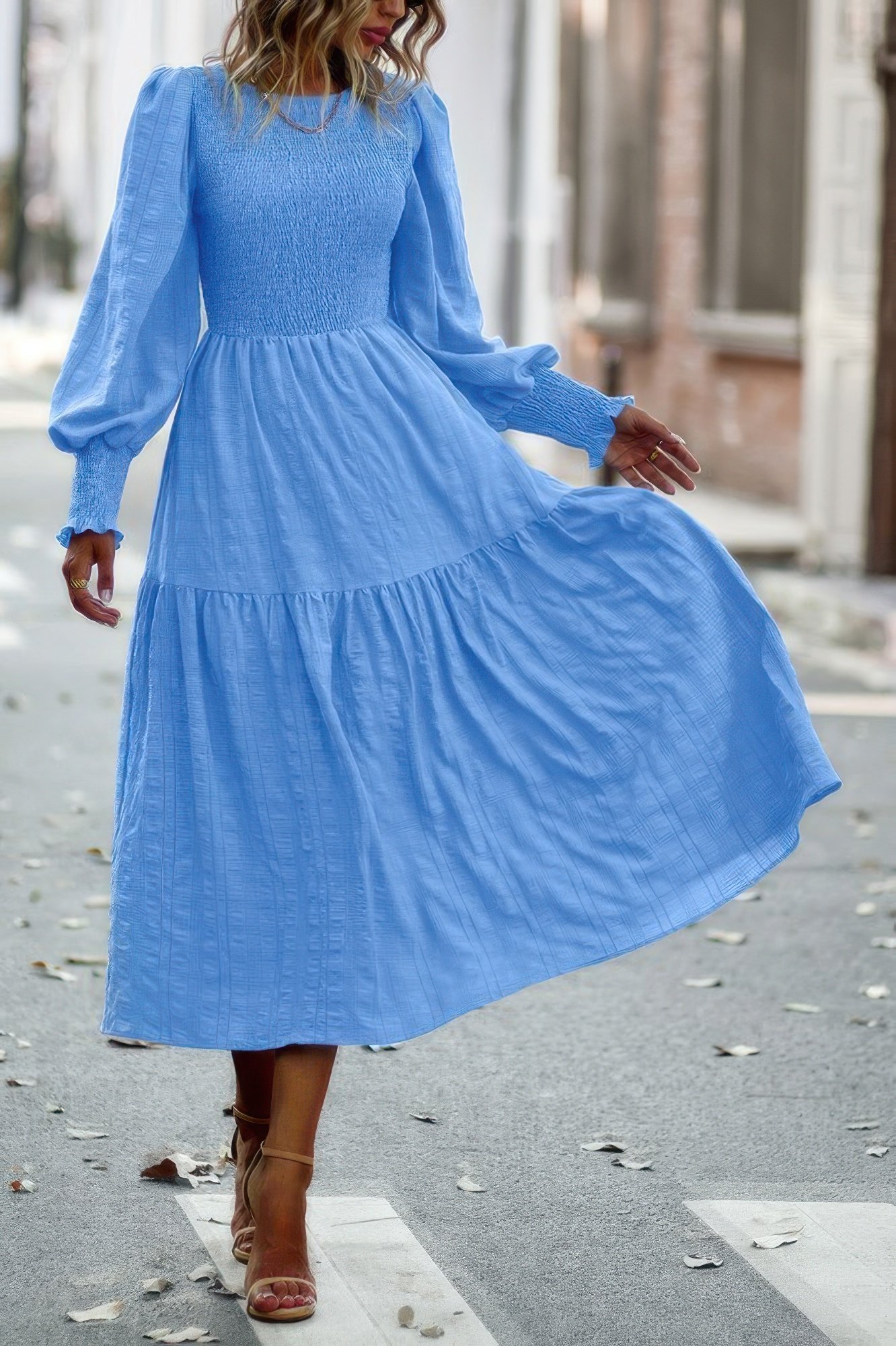 solid round neck puff long sleeve midi dress