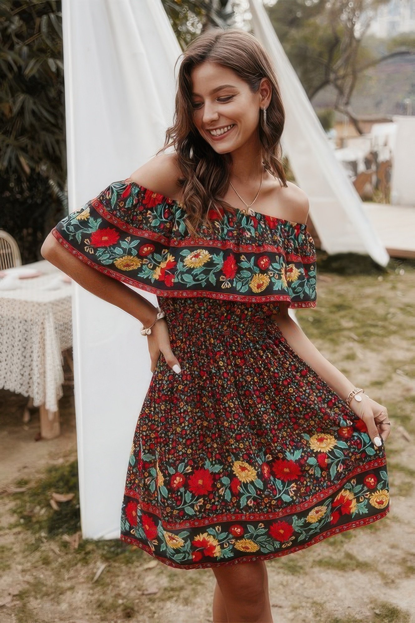 boho print cut ruffle accented pleated short dress