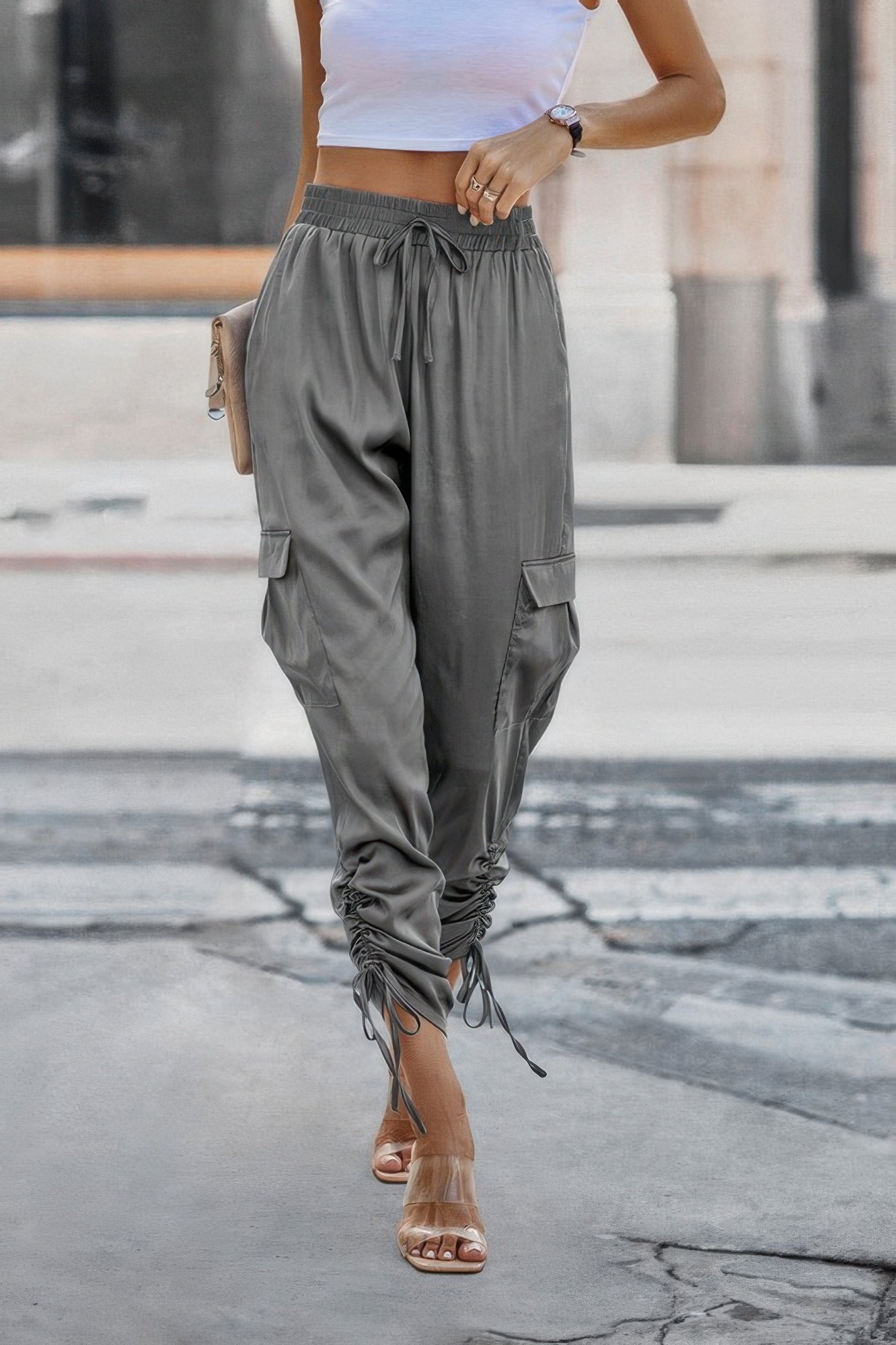 solid drawstring hem flap pocket side stacked pant