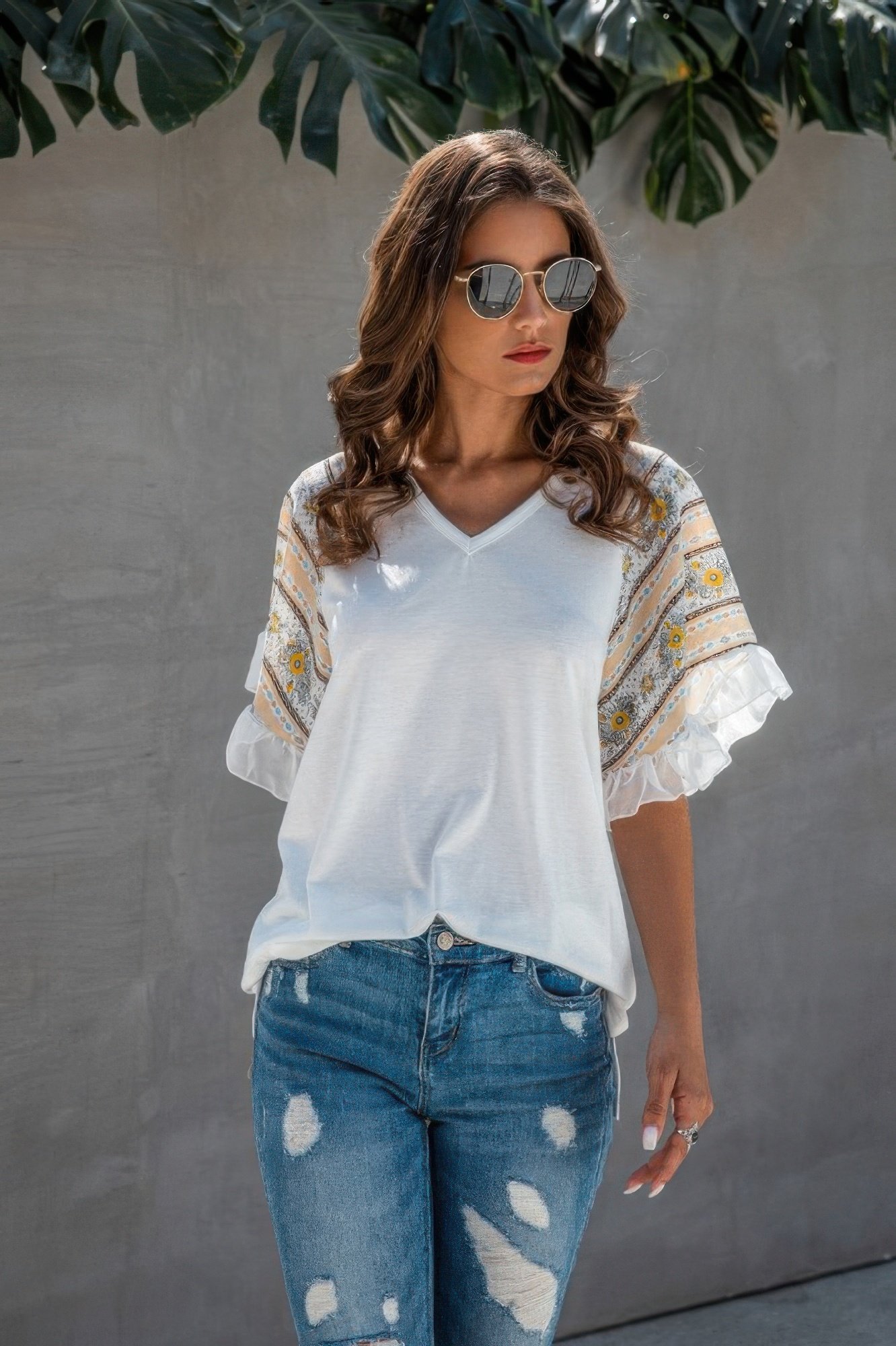 splicing print v neck ruffle elegant top
