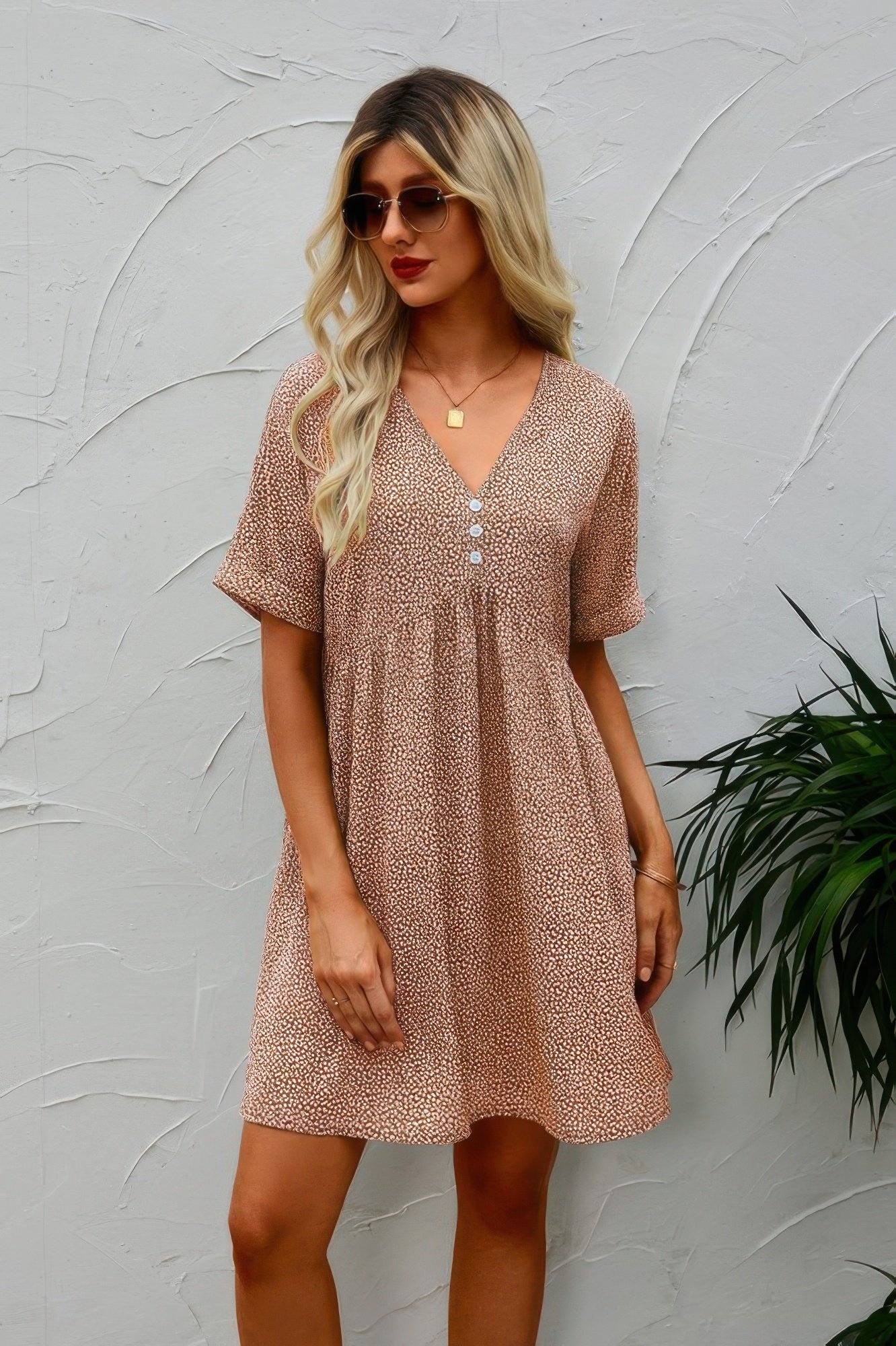 button v neck short sleeve tunic short dress