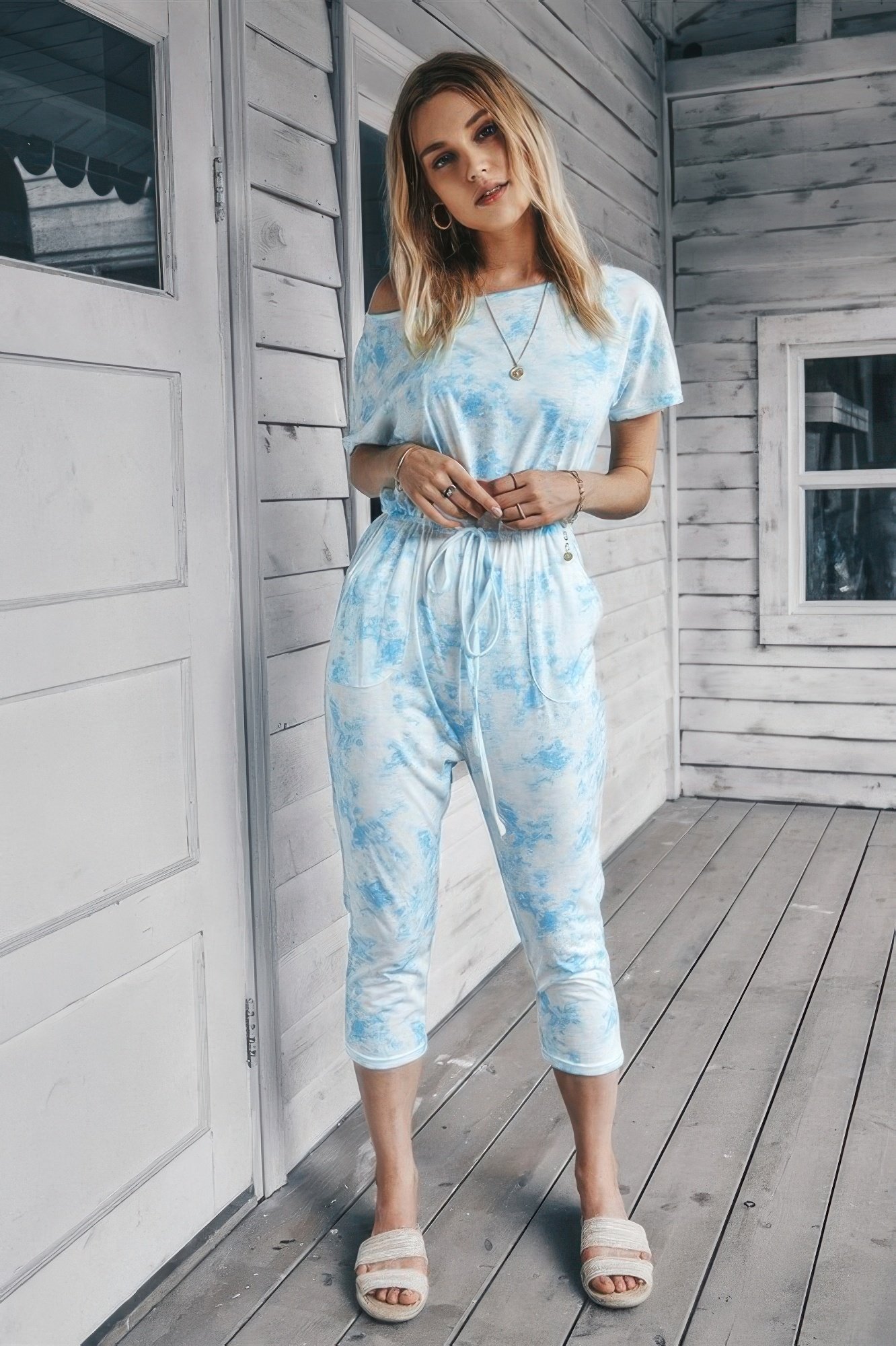 tie dye one shoulder drawstring fit jumpsuit