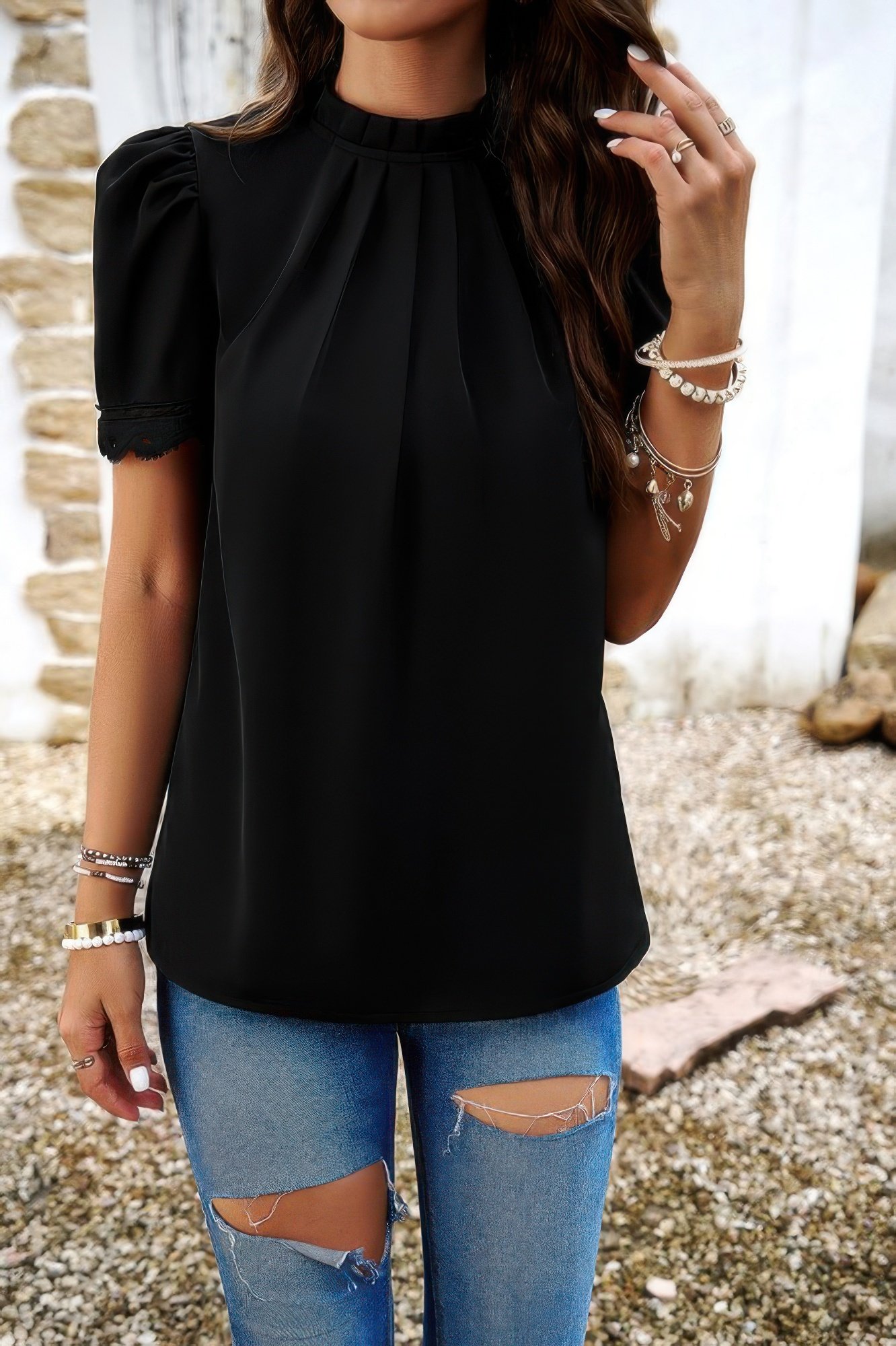 crew neck solid ruffle loose fit dressy elegant shirt