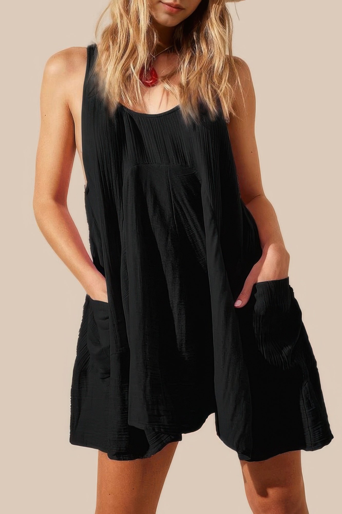 u neck backless sleeveless mini pocket dress