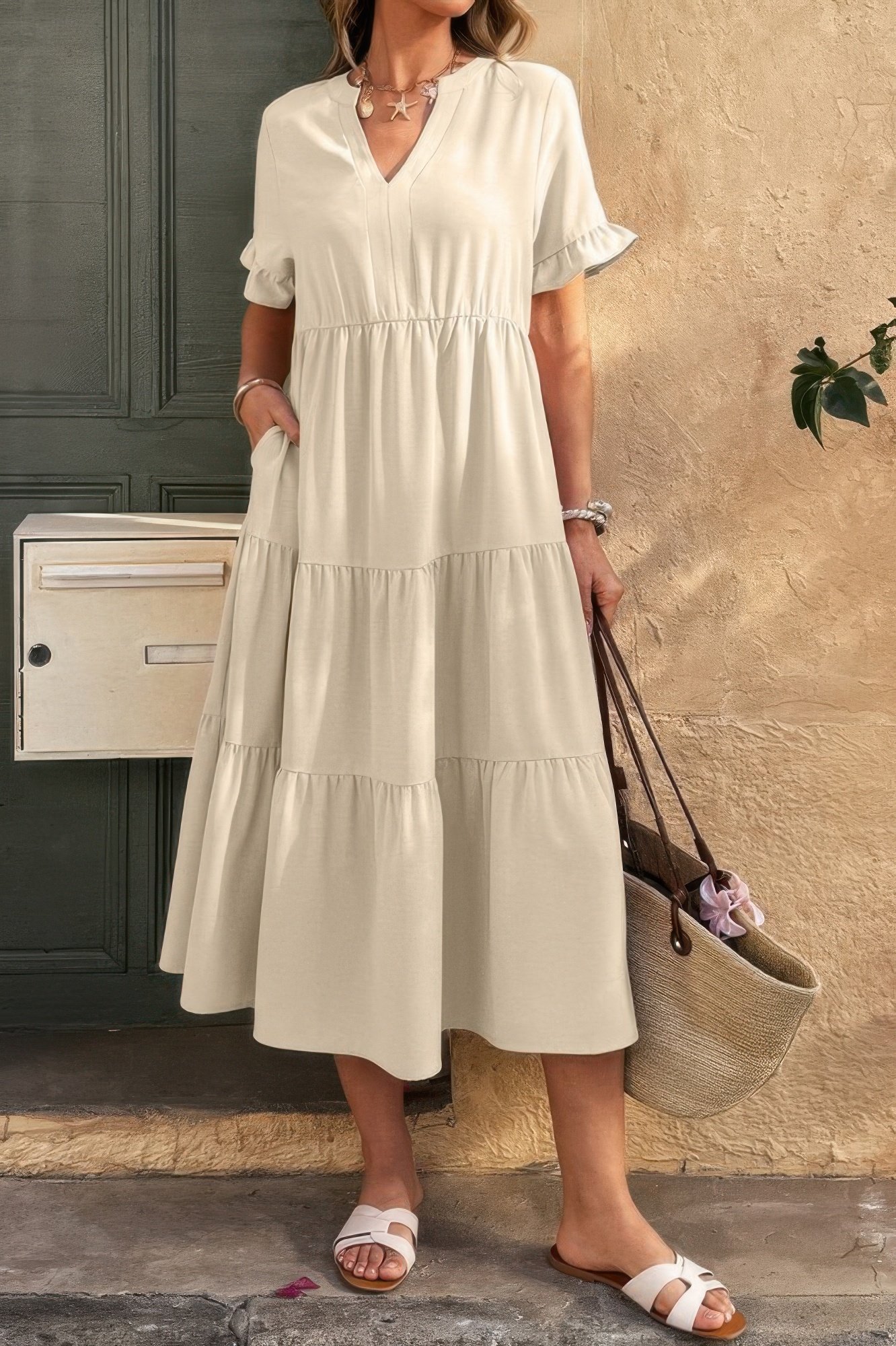 solid v neck a line ruffle hem pleated dress