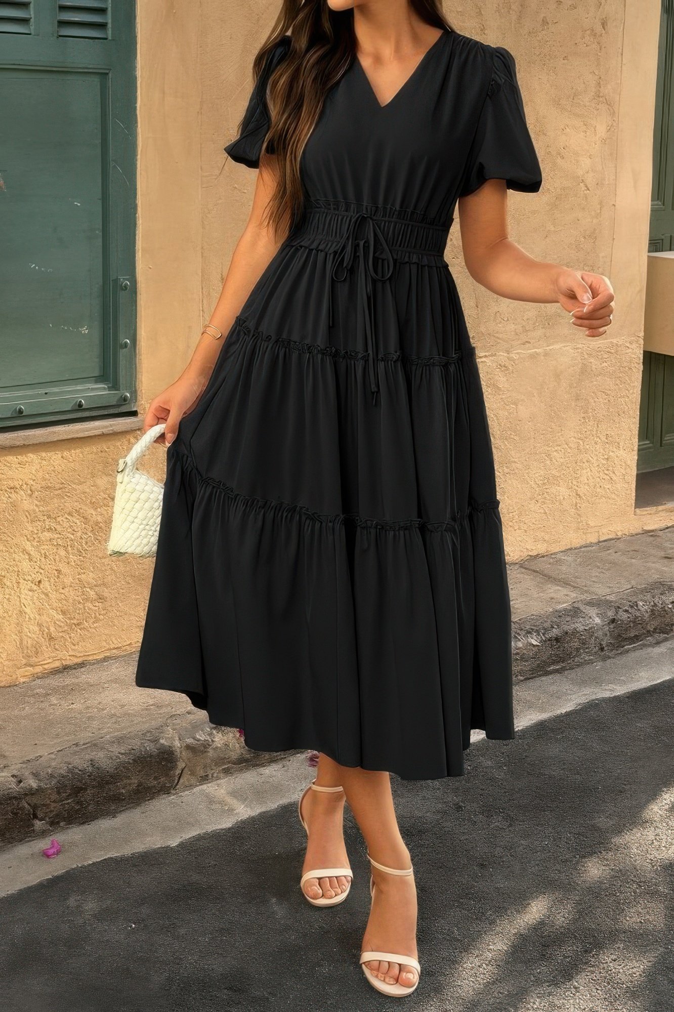 solid v neck puff sleeve elastic waist dress