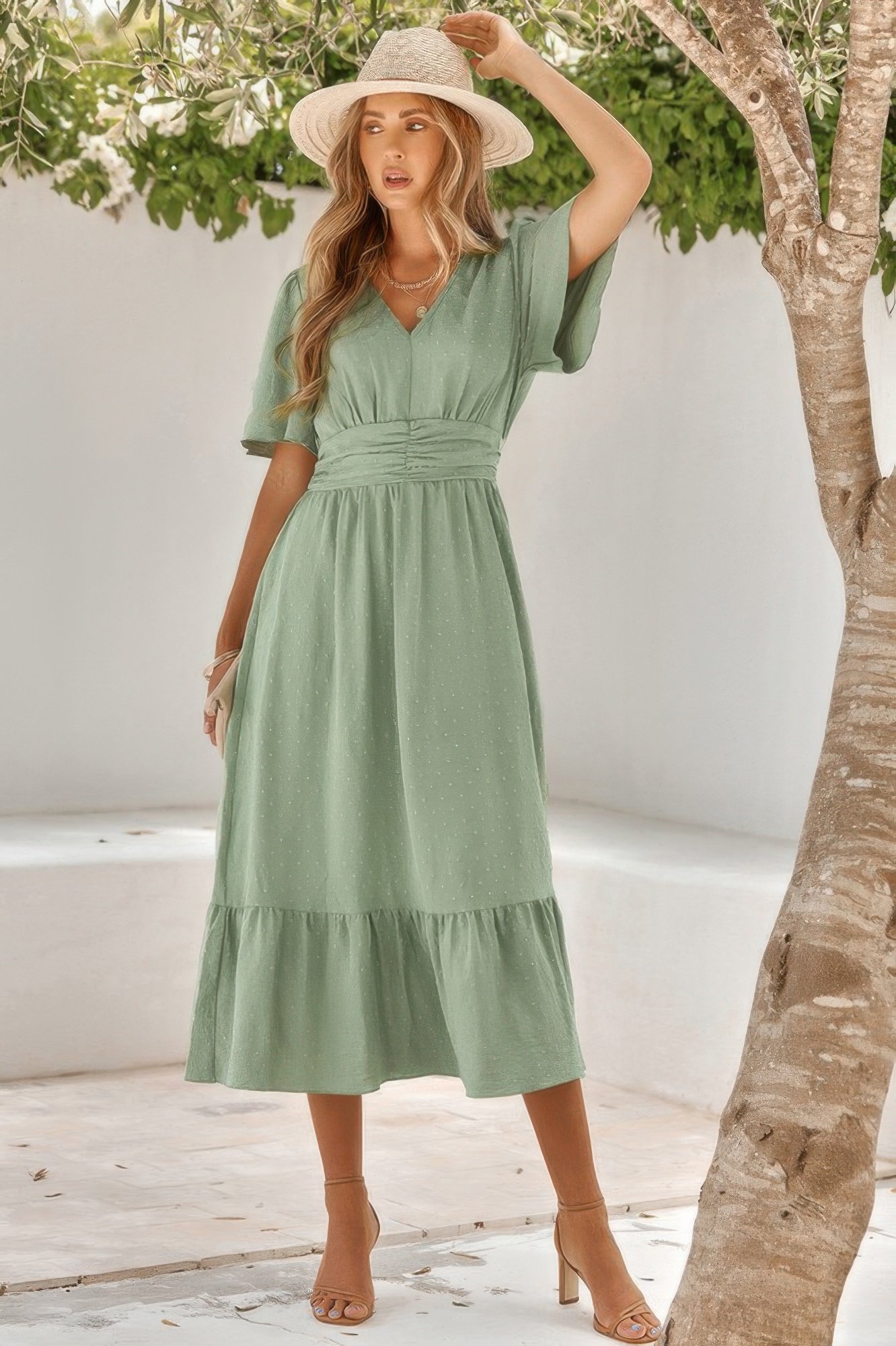 solid v neck belted wrap layered midi dress