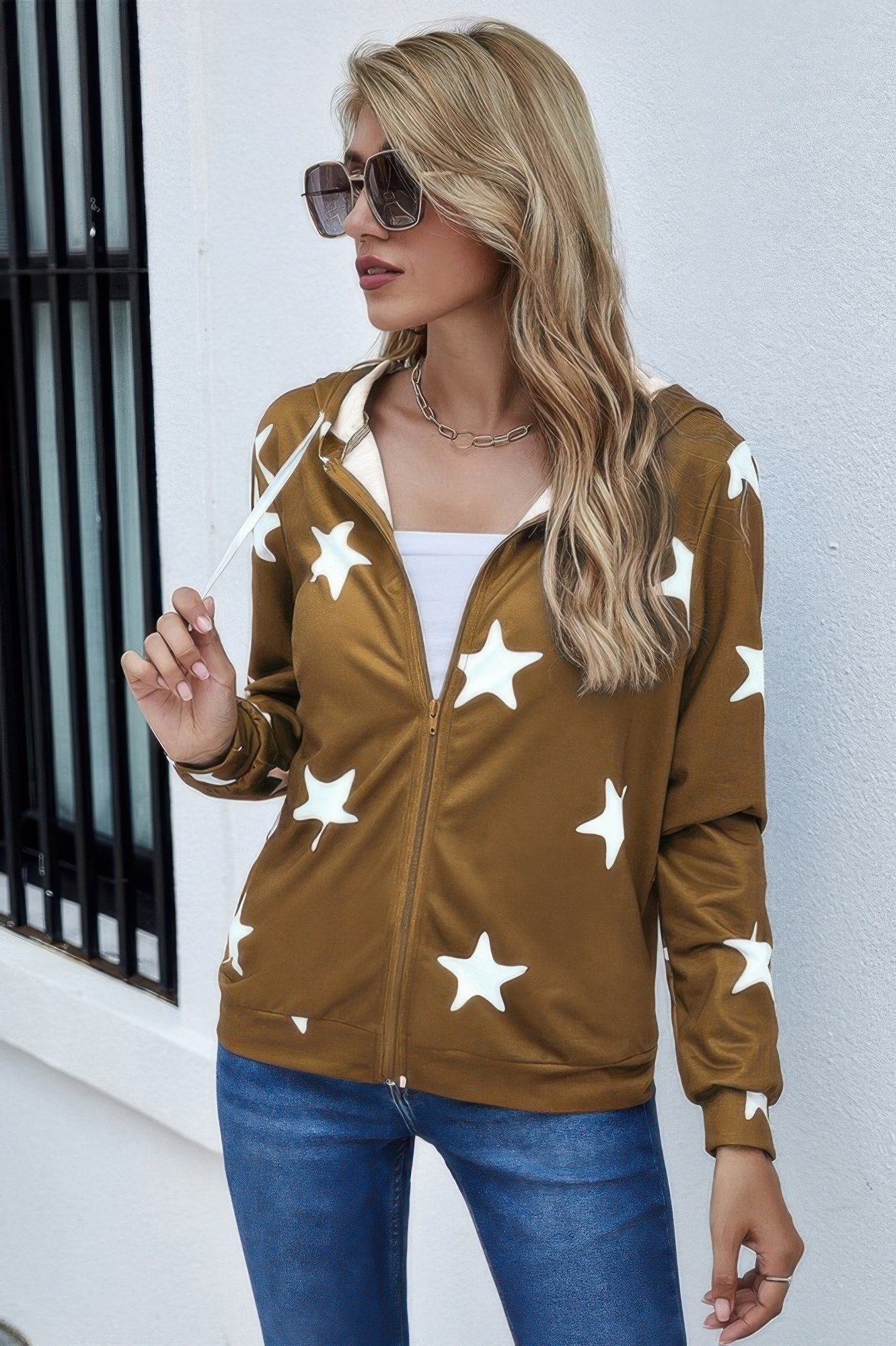 stars print zip up long sleeve drawstring hoodie