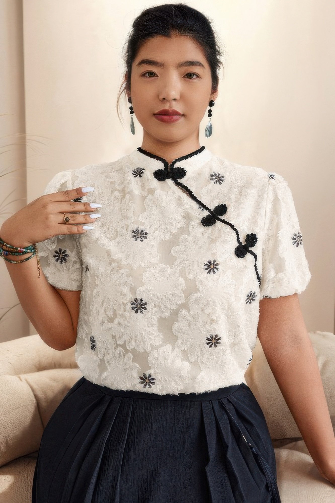 plus color black lace trim loose fit chiffon top