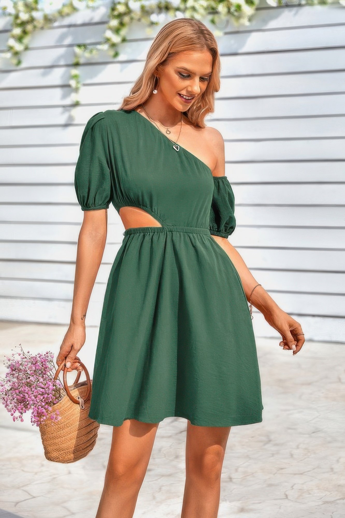 one shoulder puff sleeve fit flare short dress