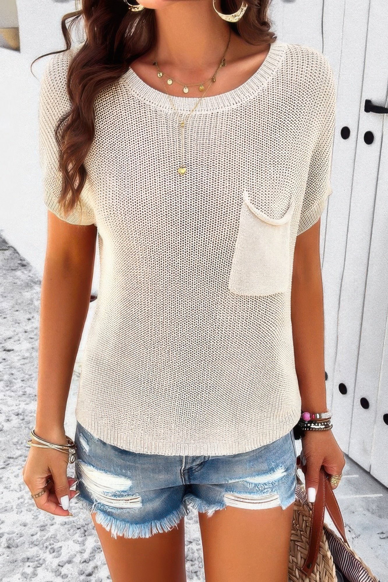 pocket knit round neck loose pullover sweater