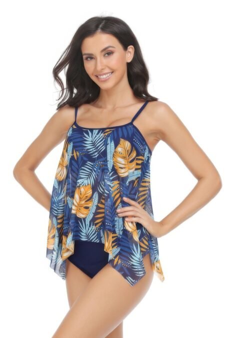 sleeveless strappy floral print split swimsuit set