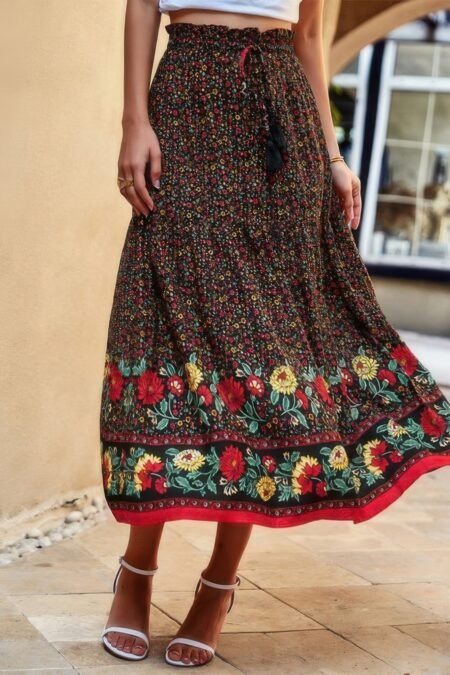 high rise drawstring ruffled maxi skirt