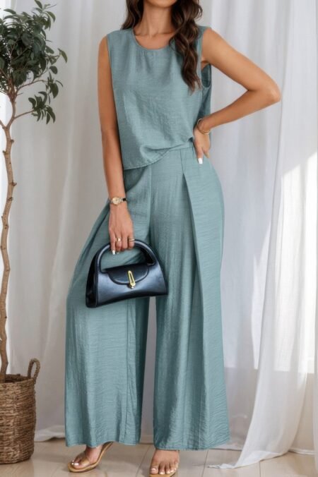two pieces solid tank wide leg pants set