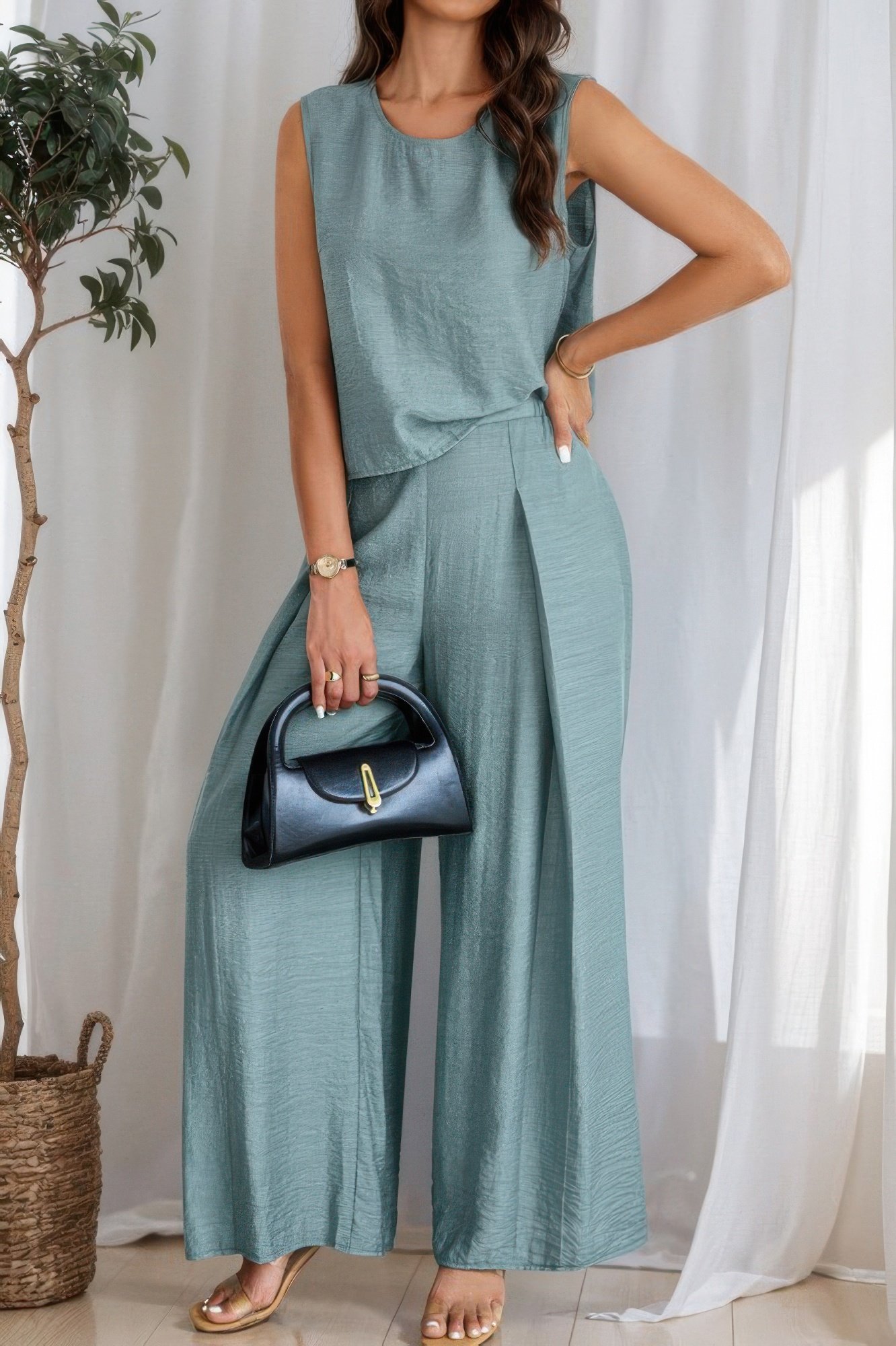 two pieces solid tank wide leg pants set