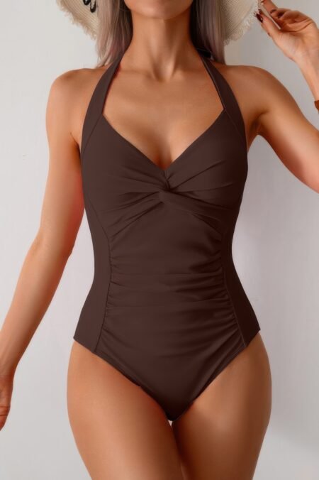 v neck halter one piece ruched backless swimsuit