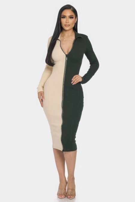 Midi Long Sleeve Mock Neck Color Block Dress