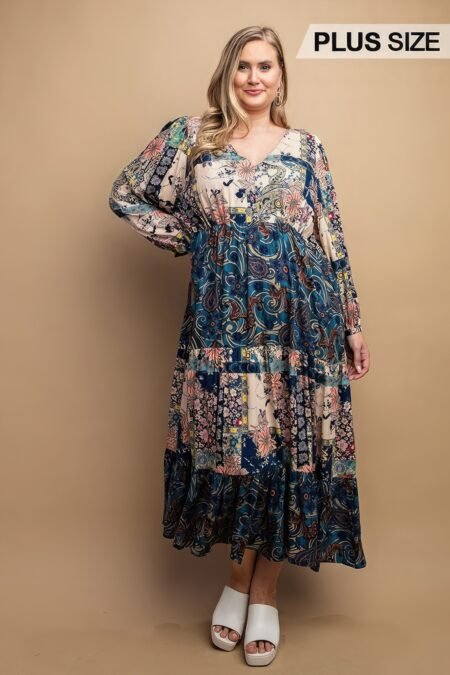 Mixed Print Midi Dress With Keyhole