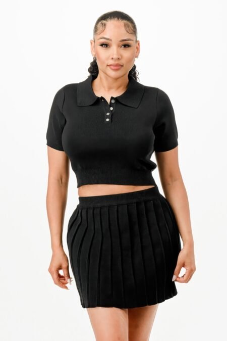 Cropped Polo Sweater Shirt And Skirt Set