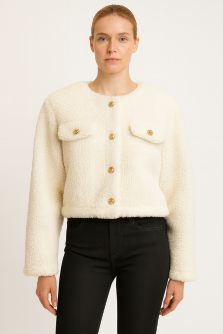 Faux Shearling Button-front Cropped Jacket