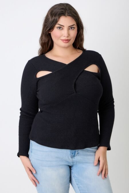 Plus Size Black Ribbed Cutout Long Sleeve Top