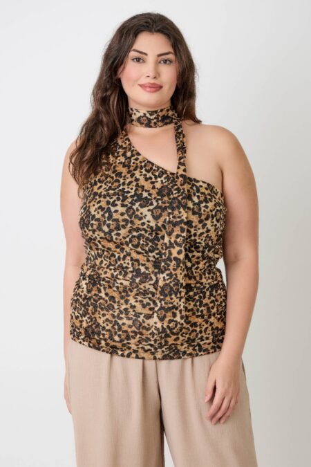 Leopard Print Halter Top With Neck Tie Detail