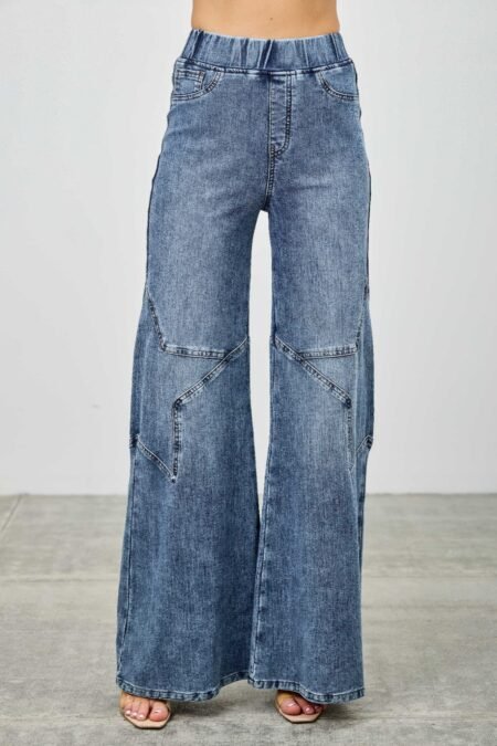 High Rise Star Pull On Knit Denim With Wide Leg