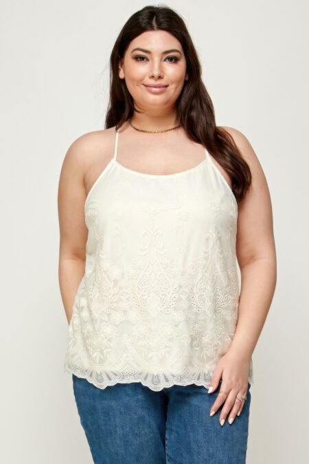 Plus Size Embroidered Mesh T-back Cami