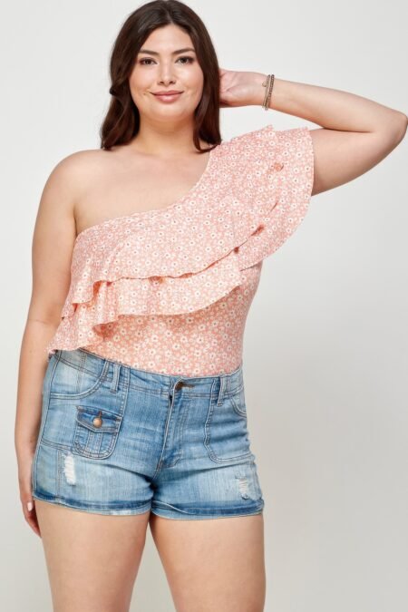 Plus Size Ditsy Floral One Shoulder Bodysuit