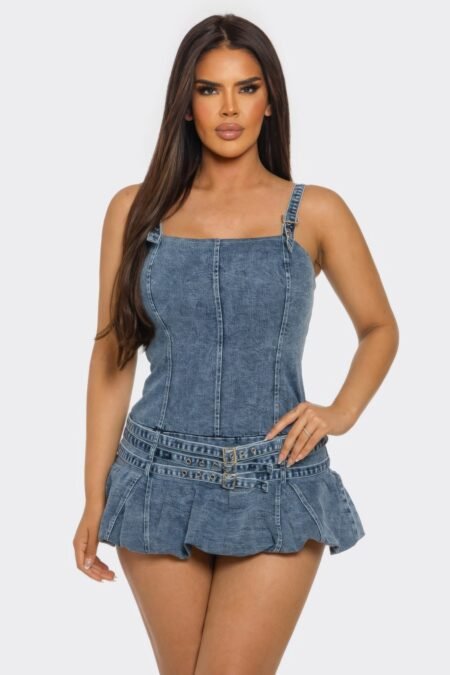 Belted Denim Mini Romper Dress